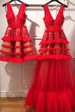 Charming Red V Neck Tulle Long Prom Dress Evening Ddress