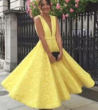 A-Line Deep V-Neck Cute Yellow Tea Length Sleeveless Open Back Lace Prom Dresses