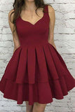 A Line V Neck Burgundy Short Open Back Prom Dress Sleeveless Homecoming Dresses