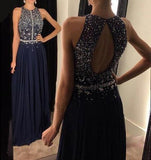 Elegant Chiffon Prom Dresses Navy Blue Long Evening Gowns with Beading Prom Gown