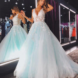 Elegant A Line Mint Green Tulle V Neck Prom Dresses with Lace Long Cheap Party Dress P1021