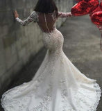 Sexy White Yarn Button Back Long Sleeve Lace Mermaid Charming Chapel Trailing Wedding Dress