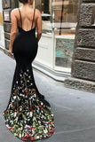 Mermaid V-Neck Court Train Black Stretch Satin Spaghetti Straps Prom Dress with Appliques