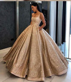 Ball Gown Prom Dress with Pockets Beads Sequins Floor-Length Gold Quinceanera Dresses