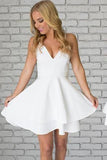 White Satin Spaghetti Straps Short Mini White V neck Homecoming Dresses