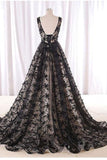 Black Round Neck Tulle Long Beads Lace A-Line Lace up Sleeveless Prom Dresses