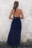 Simple A-Line Halter Floor Length Backless Navy Blue Chiffon Prom Dresses