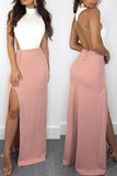 Elegant Mermaid White and Pink Halter Backless Satin with Slit Sleeveless Prom Dresses