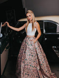 A Line Two Piece Floral Print Beautiful Prom Dresses with Pockets Evening Dresses