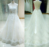 Sheer Castle Ivory Ball Illusion Back Appliques Lace Chapel Train Wedding Dress