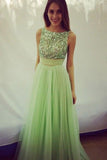 Elegant Scoop Beading A-line Tulle Green Floor-Length Bowknot Sequins Prom Dresses