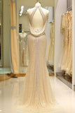 Mermaid High Neck Floor Length Split Gold Prom Dresses with Sequins Beading