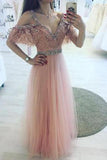 High Fashion A-Line V-Neck Off Shoulder Blush Pink Long Tulle Prom Dresses with Beads