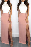 Elegant Mermaid White and Pink Halter Backless Satin with Slit Sleeveless Prom Dresses