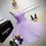 Elegant A-Line Strapless Purple Tulle Short Homecoming Dress with Bowknot