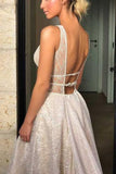 Elegant Sparkly V Neck Open Back Sequin Shiny Long Sleeveless Prom Dresses