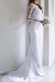 Elegant Lace Long Sleeves Mermaid Backless White Long Wedding Dress with Train