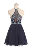 Dark Blue Beads Short Cute Halter Sweet 16 Cocktail Dress