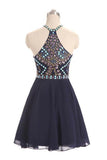 Dark Blue Beads Short Cute Halter Sweet 16 Cocktail Dress  GR56