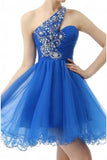 Blue One Shoulder Tulle Sequins Beading Short Homecoming Dresses