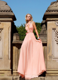 Cheap A line Sleeveless High Neck Open Back Cap Sleeve Chiffon Coral Prom Dresses