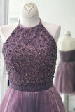 Purple Halter Scoop Beaded Open Back Short Homecoming Dresses