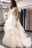 A Line V Neck Tulle Long Prom Dresses Asymmetrical Lace Appliques Party Dresses