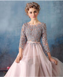 Scoop A-line Pink Chiffon with Silver Lace Appliqued Long 3/4 Sleeves Prom Dresses