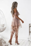 Cute A-Line High Low Blush Pink Spaghetti Straps Lace Short Homecoming Dresses