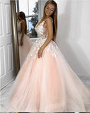 Princess V Neck Pink Long Tulle Lace Appliques Open Back Party Dress Prom Dresses