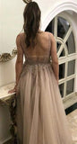 A Line V Neck Tulle Lace Appliques Backless Brown Sleeveless Prom Dresses