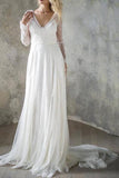 Elegant A Line V Neck Long Sleeve Ivory Lace Backless Beach Boho Wedding Dresses