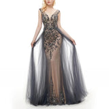 Elegant Mermaid V-Neck Sweep Train Grey Tulle Detachable Prom Dress with Beading