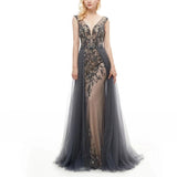 Elegant Mermaid V-Neck Sweep Train Grey Tulle Detachable Prom Dress with Beading