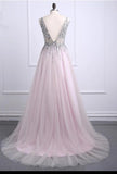 A line Tulle Blush Pink Prom Dresses with Beaded Sequins V Neck Bodice