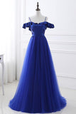 Unique Royal Blue Spaghetti Straps Off the Shoulder Ruffle Appliques Beaded Prom Dresses