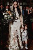 Unique Long Sleeves V Back Boho Beach Rustic Lace Wedding Dresses