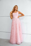 Cute Pink Lace A Line Floor Length Lace Up Prom Dresses