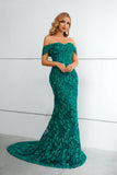 Green Off The Shoulder Sleeveless Lace Mermaid Prom Dresses