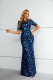 Sparkle Blue Short Sleeves Sequins Mermaid Prom Dresses