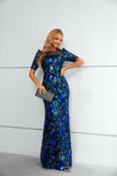 Sparkle Blue Short Sleeves Sequins Mermaid Prom Dresses