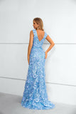 Blue V Neck Sleeveless Lace Long Mermaid Prom Dresses