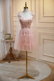 Pink Spaghetti Straps Sweetheart Tulle Homecoming Dresses