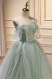 Elegant Green Off The Shoulder Tulle Prom Dresses