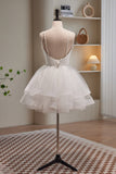 Simple White Spaghetti Straps Beading Tulle Short Homecoming Dresses