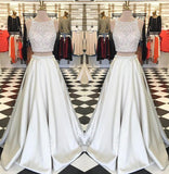 Stunning White Satin Two Pieces Sequins Rhinestone Round Neck A-line Prom Dresses