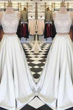 Stunning White Satin Two Pieces Sequins Rhinestone Round Neck A-line Prom Dresses