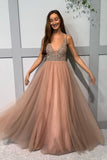 Flowy V-neck Beading A-line Floor Length Long Prom Dresses Sparkly Party Dresses