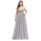 Light Gray Long V-neck Floor Length Prom Dresses With Appliques Plus Size Prom Gowns