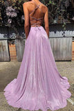 Deep V-neck Backless Spaghetti Straps Long Sparkly Prom Dresses Prom Gowns